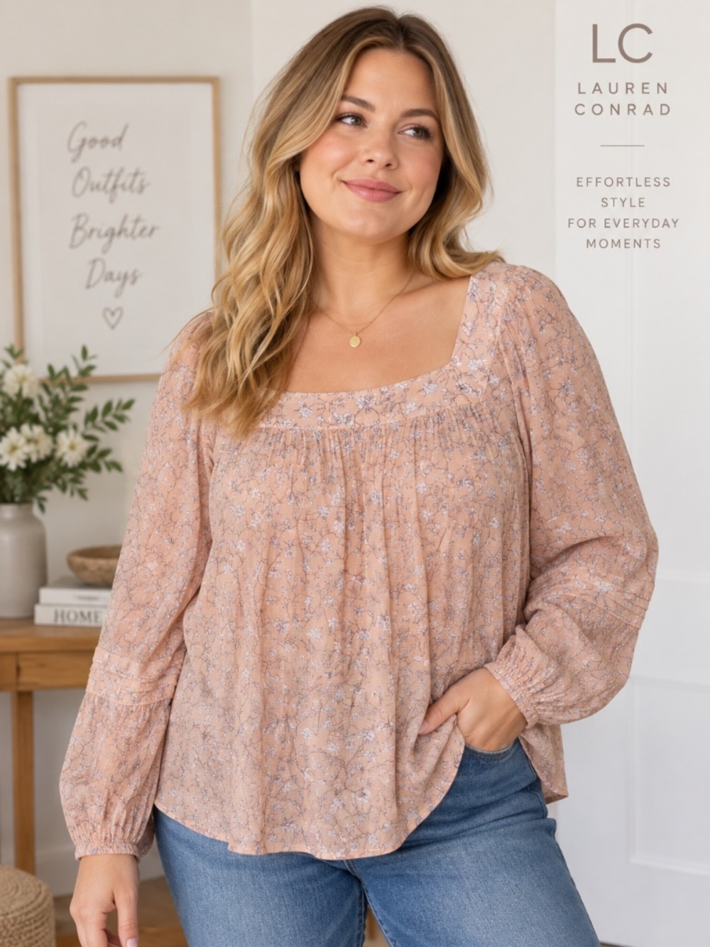 LC Lauren Conrad Women’s Floral Square Neck Blouse Top XXL Long Sleeve NWOT